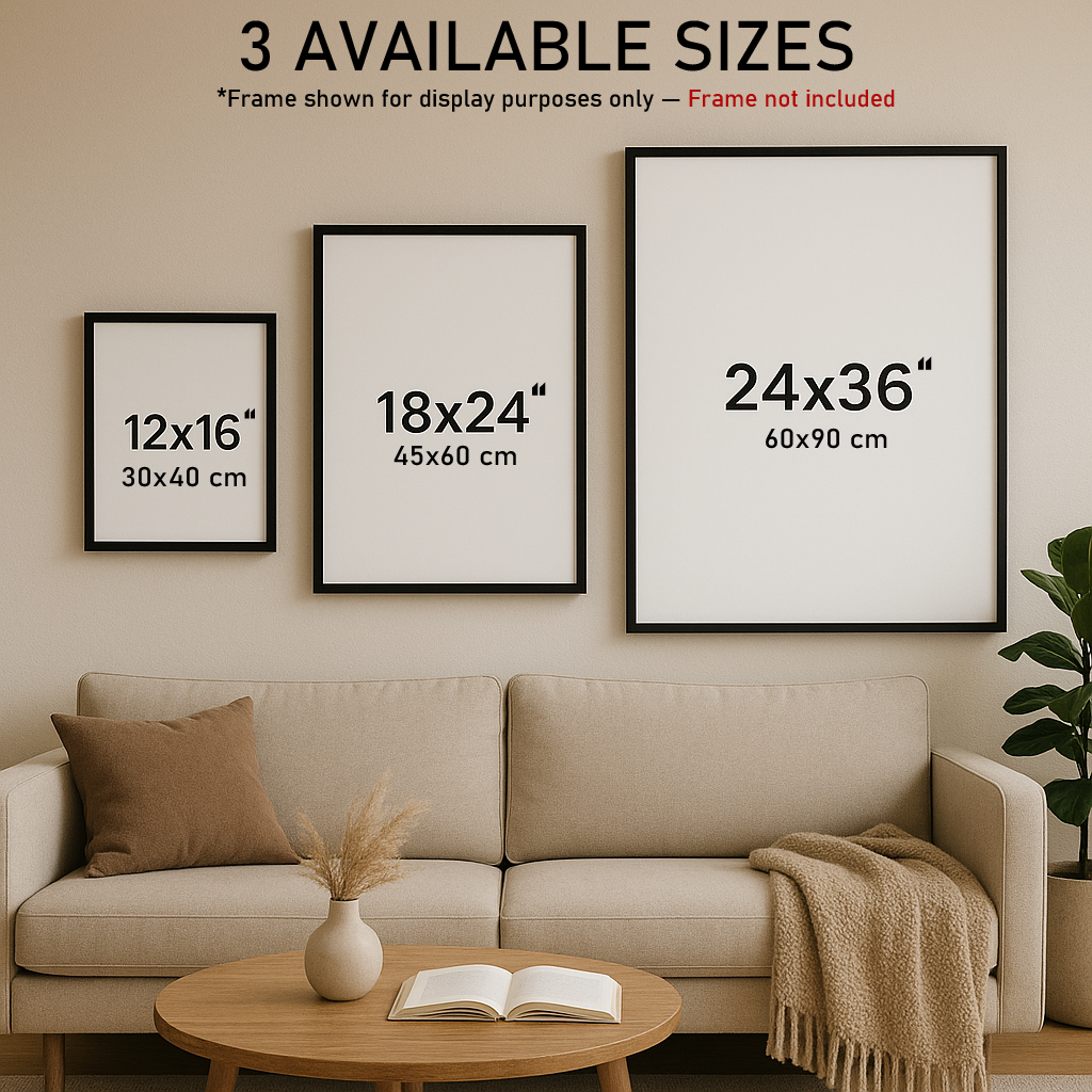 Framed prints of different sizes displayed on a wall above a sofa.