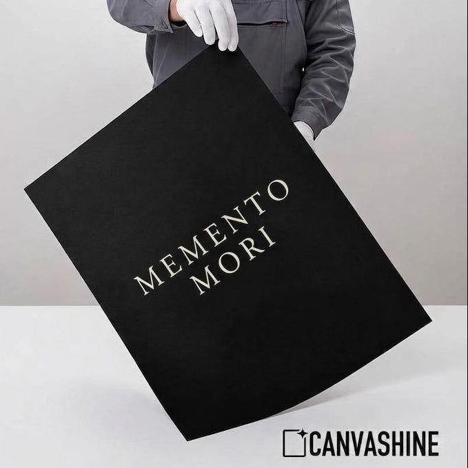 A promotional graphic for a Canvashine MEMENTO MORI poster. The left side features a beige text panel detailing the 'Professional Giclée Quality' of the print, including paper thickness, archival ink, matte finish, and longevity.