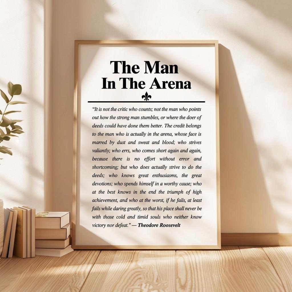 A framed motivational poster titled 'The Man In The Arena' with a quote attributed to Theodore Roosevelt, displayed on a wooden surface next to books and a plant.