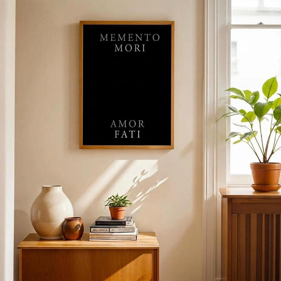 A framed black wall art print with the Latin phrases 'MEMENTO MORI' at the top and 'AMOR FATI' at the bottom, hanging in a warm, sunlit room above a wooden sideboard with decorative vases and books. A potted green plant sits by the window on the right.