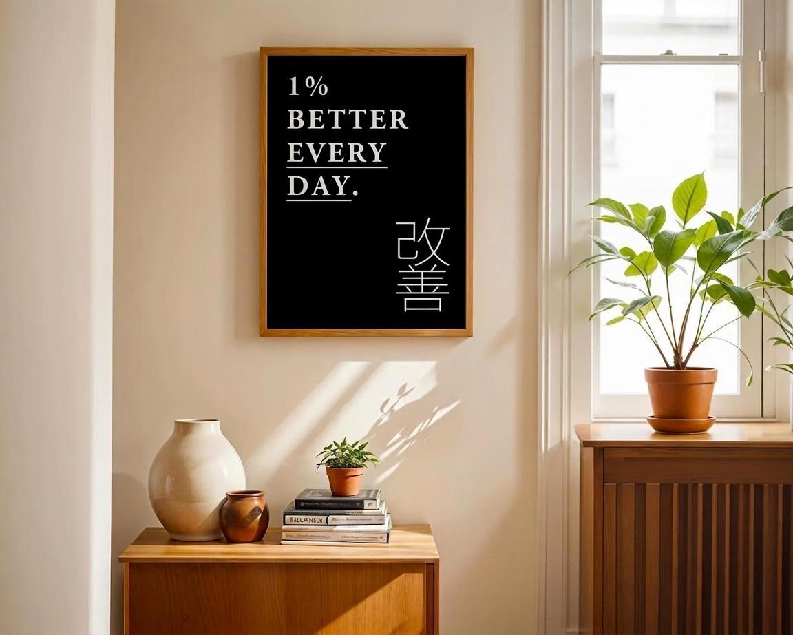 A framed black wall art print with the text '1% BETTER EVERY DAY.' and Japanese characters hangs on a beige wall in a sunlit room.