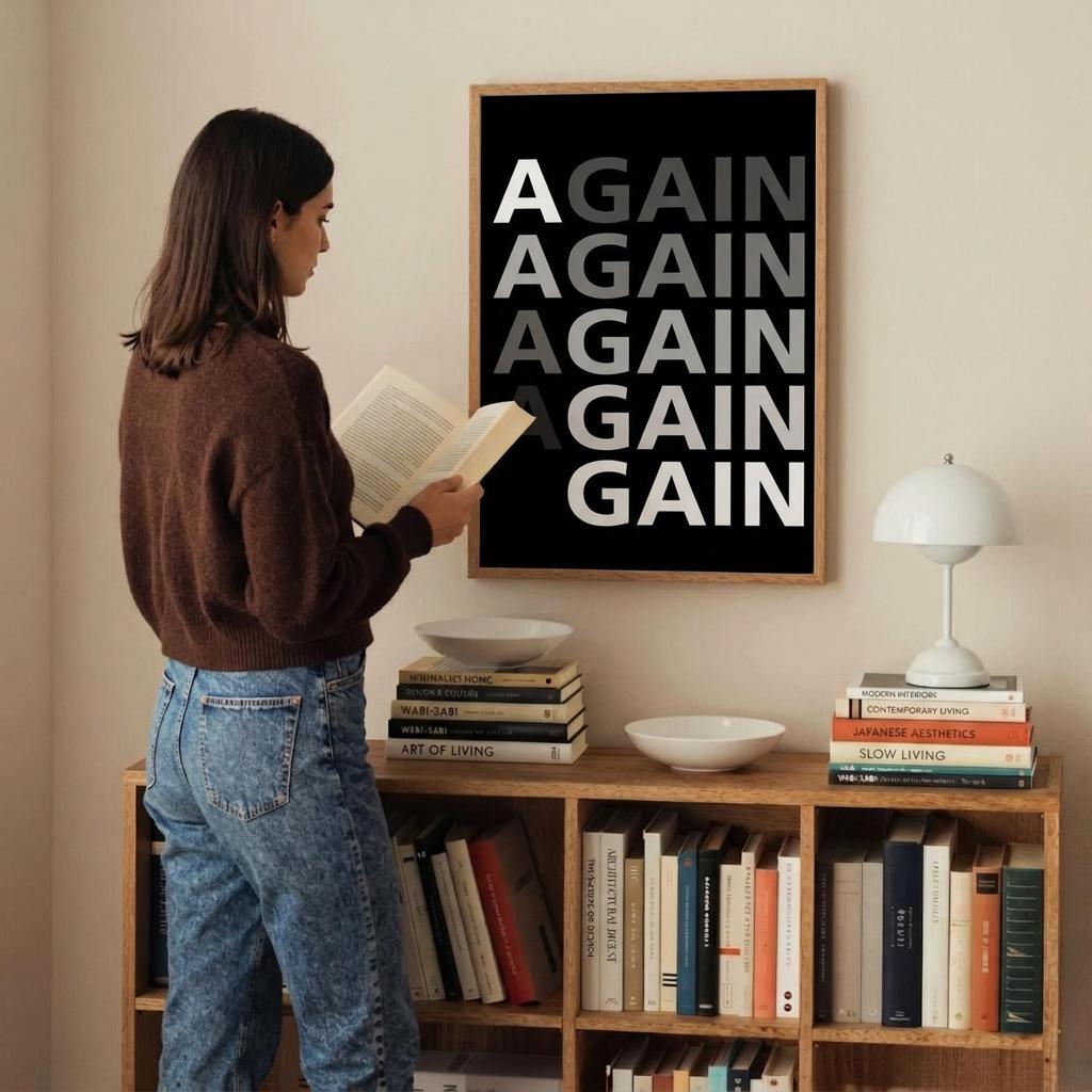 A woman stands in a room reading a book, facing a framed wall art print with the word 'AGAIN' repeated vertically in white on a black background. The scene includes a wooden bookshelf with books, bowls, a lamp, and the woman in a brown sweater and blue jeans.