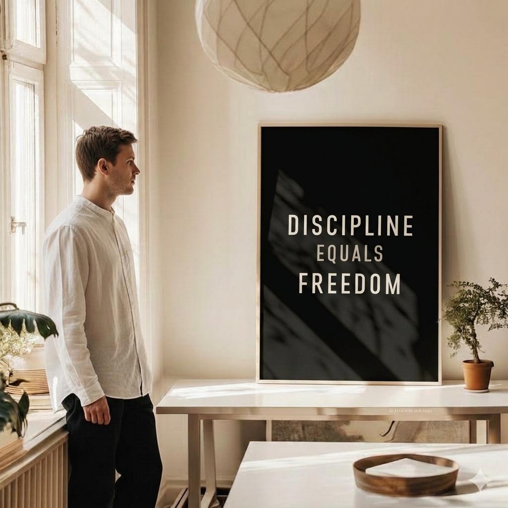 A man in a white shirt and black pants stands in a bright, modern room looking at a large framed wall art print that reads 'DISCIPLINE EQUALS FREEDOM' in white text on a black background.