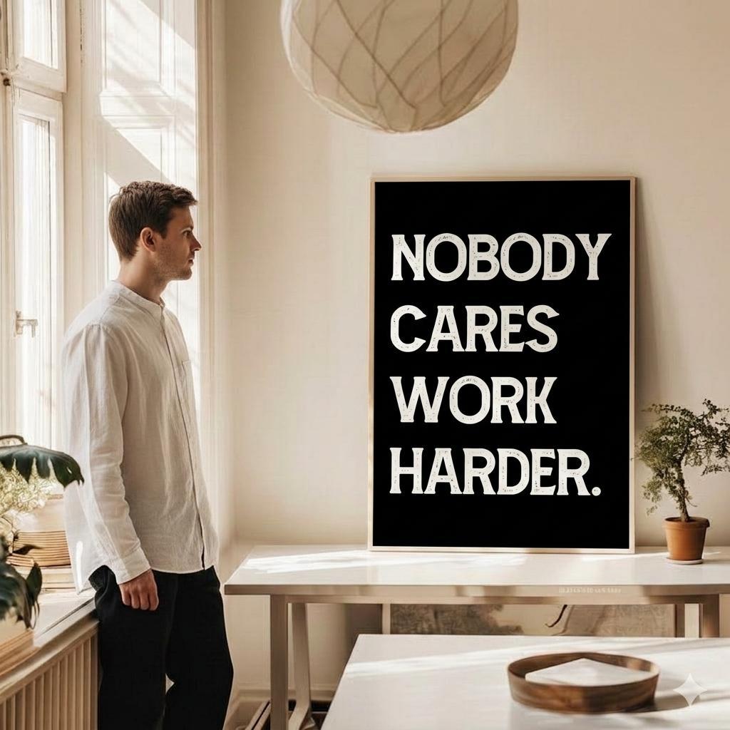 A man in a white shirt and black pants stands in a bright room looking at a framed poster that reads 'NOBODY CARES WORK HARDER.' in bold white text on a black background.