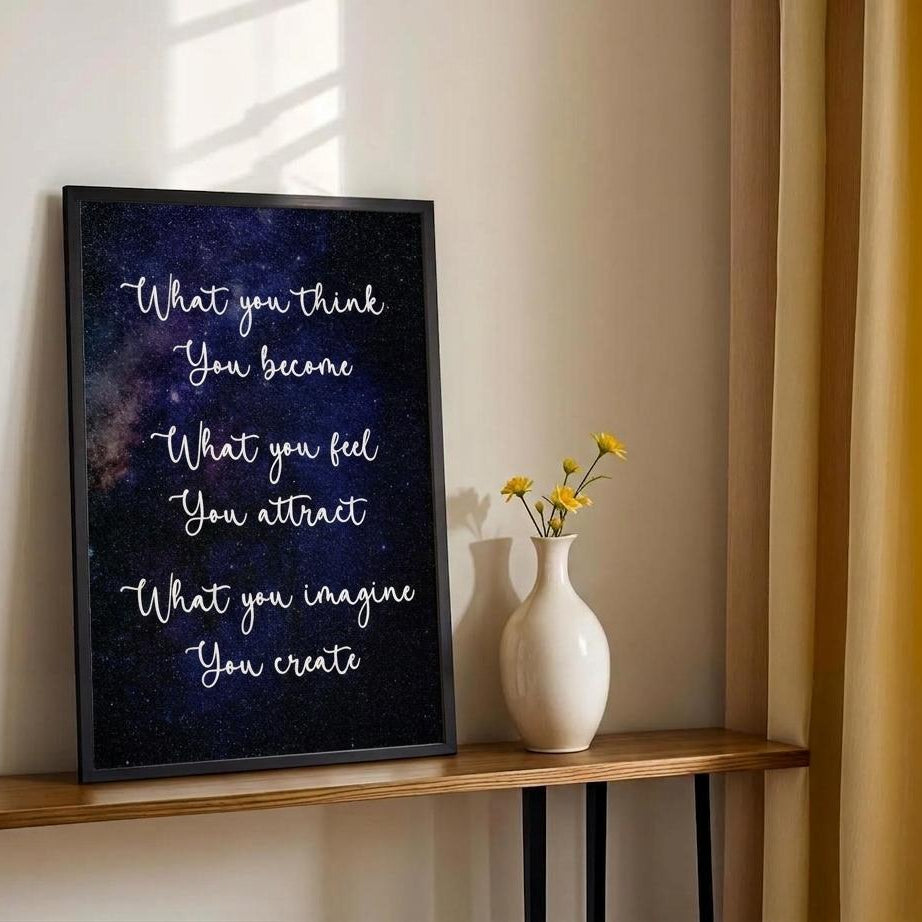 A framed inspirational quote print leaning on a wooden console table in a styled room. The print features white cursive text over a dark blue and black galaxy background.