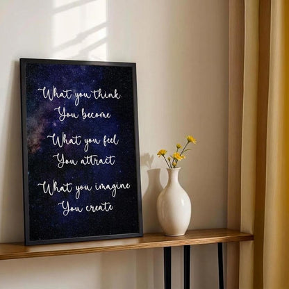 A framed inspirational quote print leaning on a wooden console table in a styled room. The print features white cursive text over a dark blue and black galaxy background.