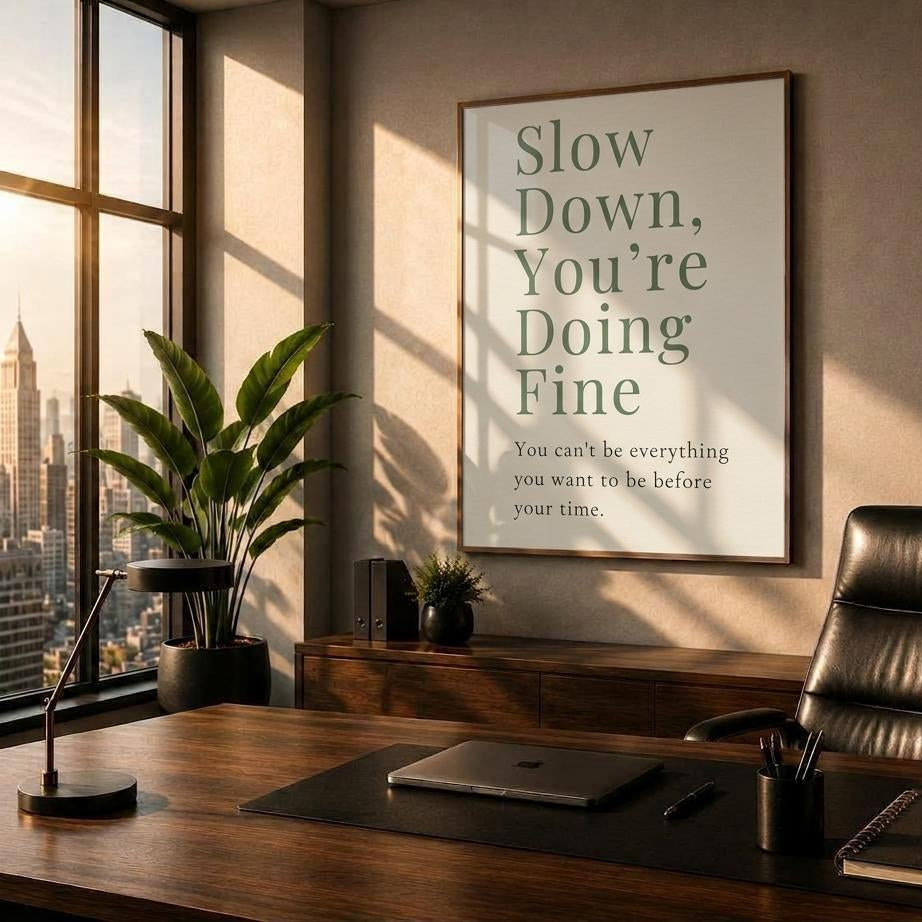 A framed motivational wall art print with the text 'Slow Down, You're Doing Fine' displayed in a modern office setting with a desk, leather chair, and city view.