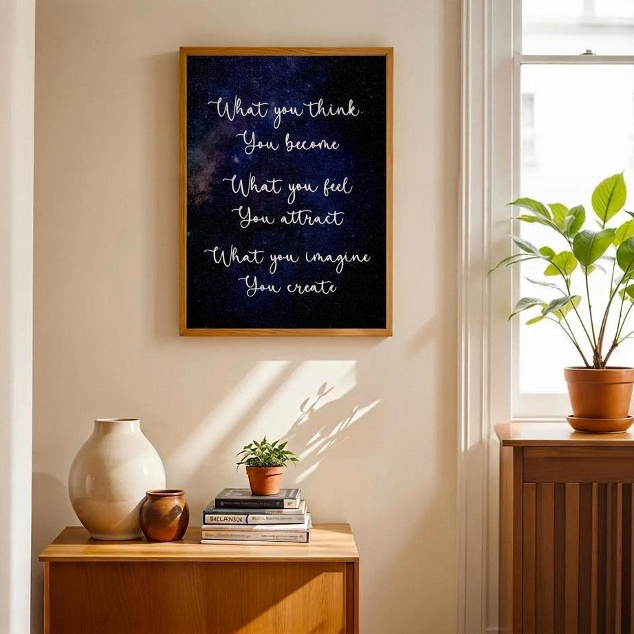 A framed motivational wall art print hangs on a beige wall in a styled room. The print features a dark chalkboard-style background with white handwritten text reading, 'What you think You become, What you feel You attract, What you imagine You create.