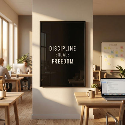 A framed motivational poster with the text 'DISCIPLINE EQUALS FREEDOM' in white sans-serif font on a black background, hanging on a white wall in a modern, sunlit office environment.