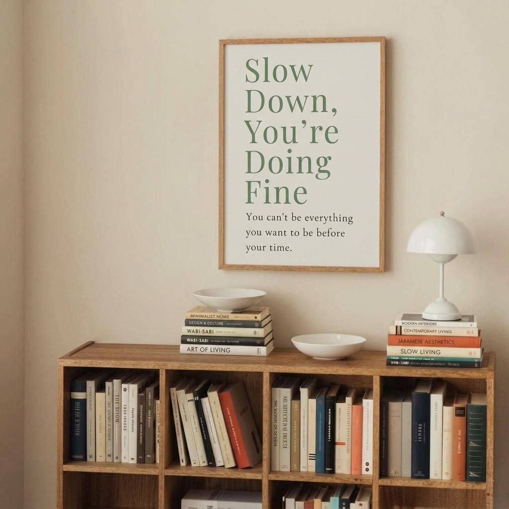 A framed typographic wall art print with the text 'Slow Down, You're Doing Fine' hangs above a wooden bookshelf in a styled interior setting with books, bowls, and a white lamp.
