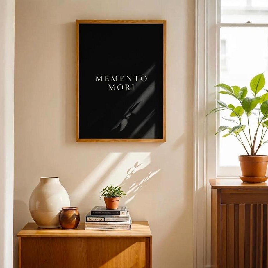 A framed black art print with the text 'MEMENTO MORI' in white serif letters, hanging on a beige wall in a sunlit room with a wooden side table, ceramic vases, and a potted plant by the window.