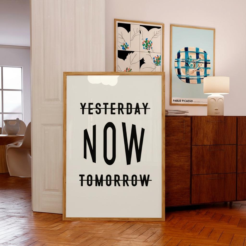 Framed poster with 'Yesterday Now Tomorrow' text in a room with wooden floor and wall art.