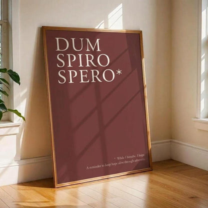 A framed art print leaning against a beige wall on a wooden floor in a sunlit room. The print has a dark burgundy background with the text 'DUM SPIRO SPERO*' in white serif lettering and a thin gold frame.