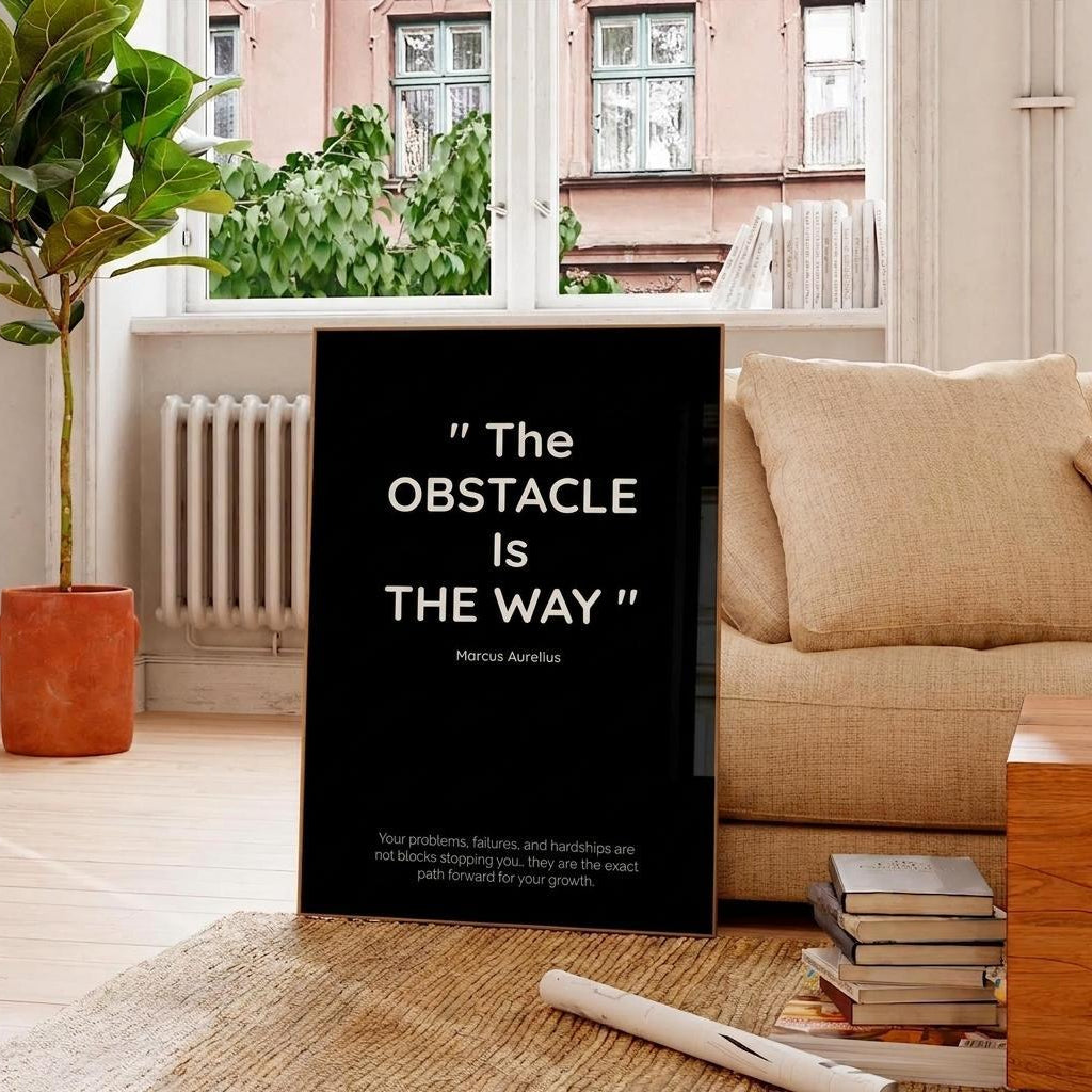 A black vertical wall art print leaning against a beige sofa in a bright living room. The print features a white quote by Marcus Aurelius: "The OBSTACLE IS THE WAY".