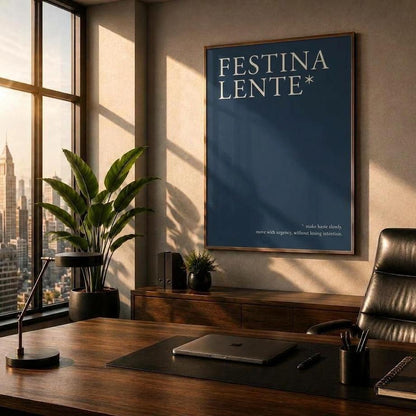 A framed vertical art print with the text 'FESTINA LENTE*' in white on a dark blue background, displayed on a beige wall in a modern, sunlit office setting with a desk, chair, and city view.