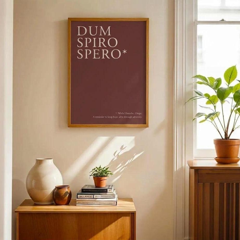 A framed wall art print with the Latin phrase 'DUM SPIRO Spero*' in white serif text on a muted reddish-brown background, hanging in a warm, sunlit room above a wooden sideboard with a vase, books, and a small plant. A larger potted plant sits by the window on the right.