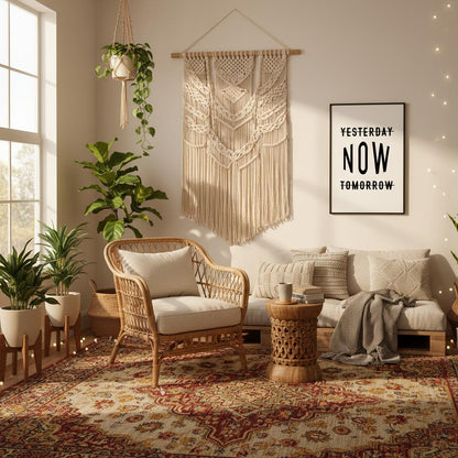 Cozy living room with wicker chair, sofa, and decorative wall art.