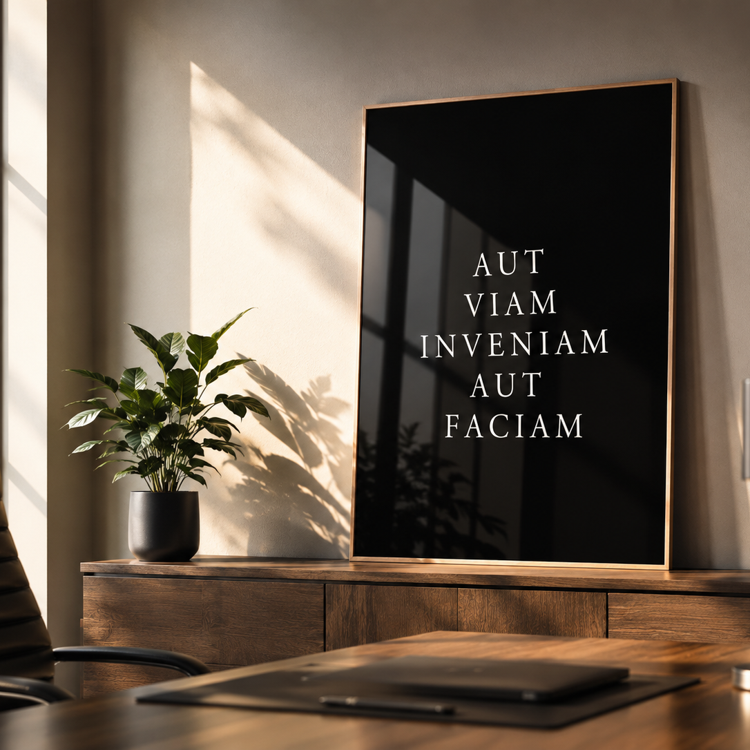 A vertical black framed art print with elegant white serif text reading 'AUT VIAM INVENIAM AUT FACIAM' leans against a beige wall in a modern office setting with warm sunlight, a wooden desk, a potted plant, and a black chair.