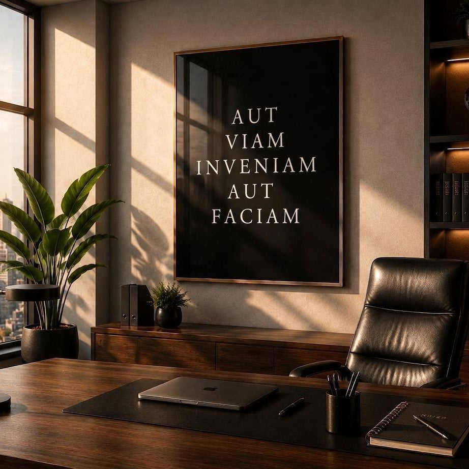 A framed black wall art print with white serif text reading 'AUT VIAM INVENIAM AUT FACIAM' hangs above a wooden desk in a modern office. The room has warm sunlight, a black leather chair, a city skyline view, and shelving in the background.
