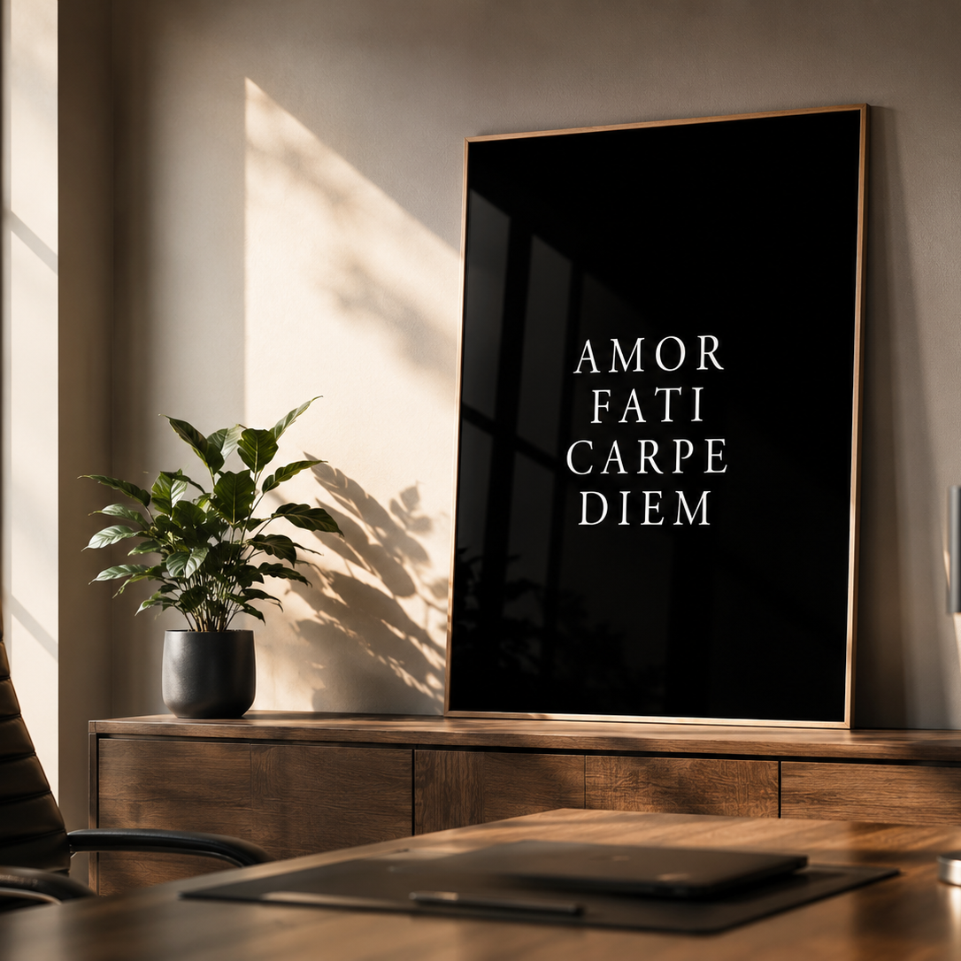 A framed black wall art print with white serif text reading 'AMOR FATI CARPE DIEM' leans against a beige wall in a modern office setting with a desk, chair, lamp, and potted plant.