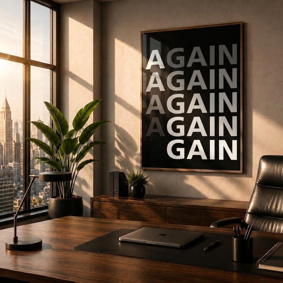 A framed wall art print featuring the word 'AGAIN' repeated vertically in large white letters on a black background, displayed in a modern office setting above a wooden desk with a black leather chair.