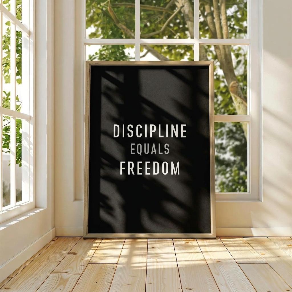 A vertical framed poster with the text 'DISCIPLINE EQUALS FREEDOM' in white on a black background, leaning against a window in a bright room with wood floors and natural light.