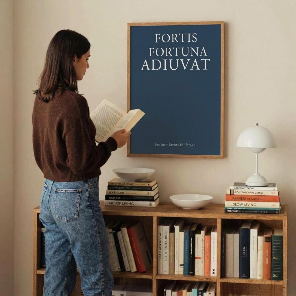 A woman stands beside a wooden bookshelf in a cozy room, reading an open book. On the wall above the shelf is a framed poster with the Latin phrase 'FORTIS FORTUNA ADIUVAT' in white text on a dark blue background.