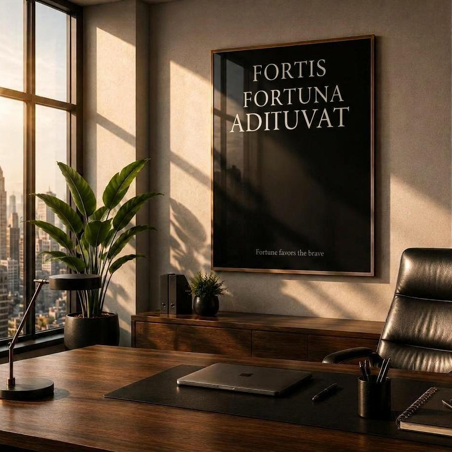 A framed vertical wall art print with the Latin phrase 'FORTIS FORTUNA ADITUVAT' in white serif text on a black background, hanging in a modern office above a wooden desk with a black leather chair.