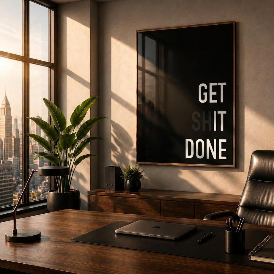 A framed wall art print with the motivational text 'GET IT DONE' in white on a black background, displayed in a modern office setting above a wooden desk with a black leather chair.