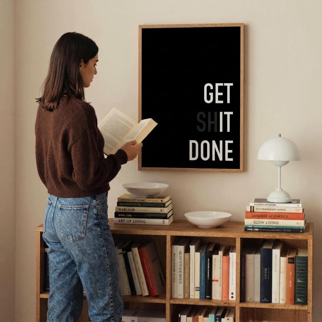 A woman stands at a wooden bookshelf reading a book in a cozy room, with a framed black wall art print that reads 'GET SHIT DONE' in white and gray text hanging above it.