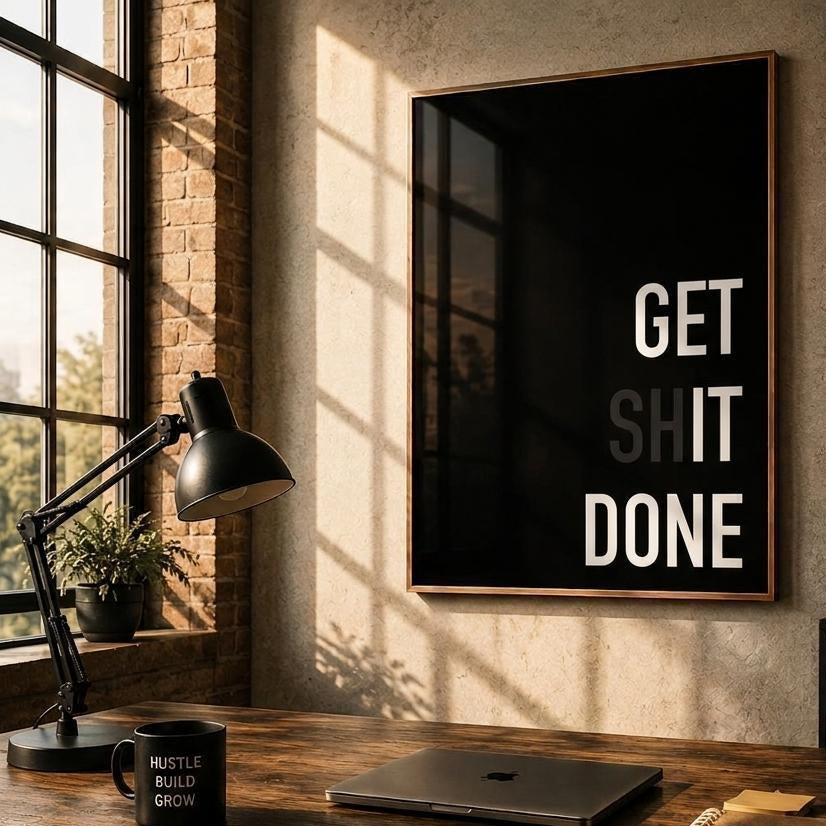 A framed black wall art print with bold white text reading 'GET SHIT DONE' hangs on a textured beige wall above a wooden desk in a styled office setting with a lamp, laptop, mug, and whiteboard.