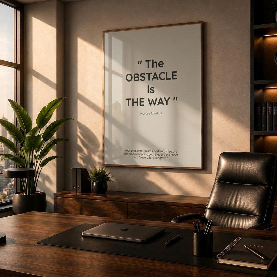 A framed motivational poster with the quote 'The Obstacle Is The Way' by Marcus Aurelius hanging on a wall in a modern, sunlit home office. The room features a dark wood desk, a black leather office chair, a large window with a city skyline view, and a potted plant.