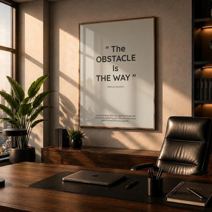 A framed motivational poster with the quote 'The Obstacle Is The Way' by Marcus Aurelius hanging on a wall in a modern, sunlit home office. The room features a dark wood desk, a black leather office chair, a large window with a city skyline view, and a potted plant.