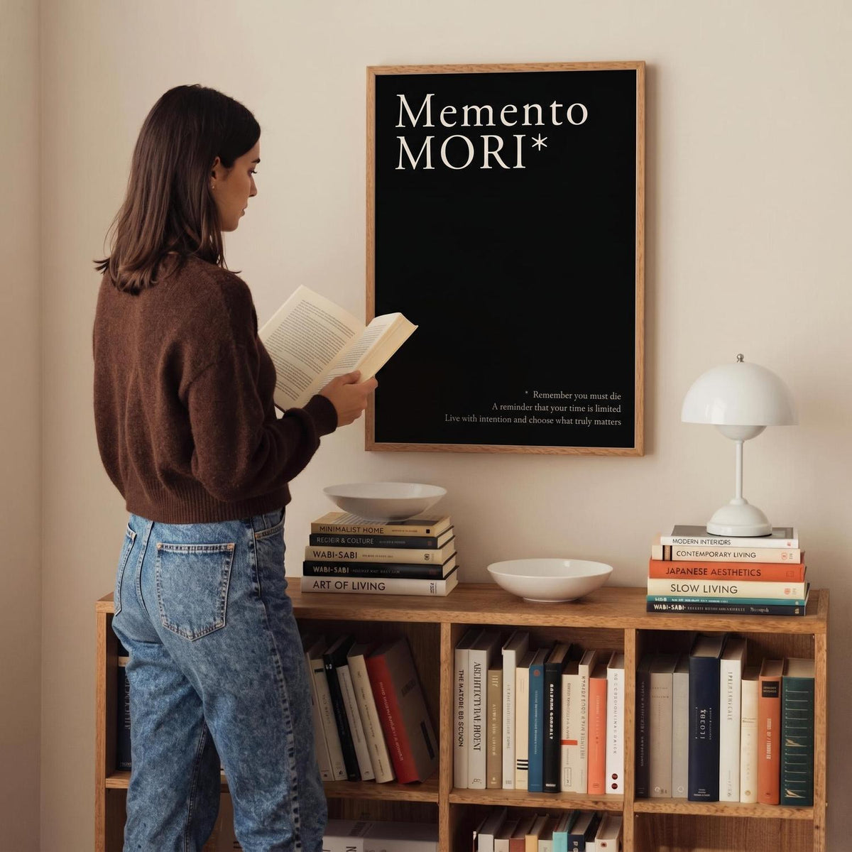 A woman stands in a room reading a book in front of a framed black poster that reads 'FESTINA LENTE'. The scene includes a wooden bookshelf with books, bowls, a white table lamp, and a woman in a brown sweater and blue jeans.