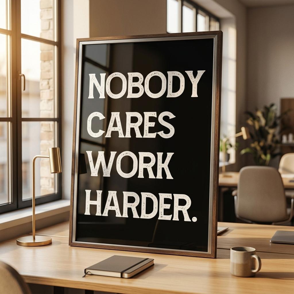 A framed motivational sign with the text 'NOBODY CARES WORK HARDER.' in white capital letters on a black background, displayed on a wooden desk in a modern office setting.