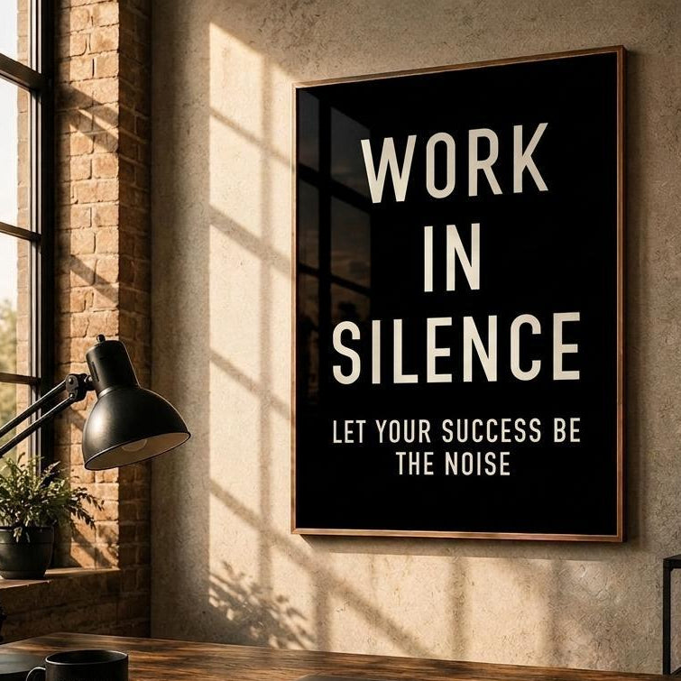 A framed wall art print with the text 'WORK IN SILENCE LET YOUR SUCCESS BE THE NOISE' hangs on a wall in a styled home office setting with a desk, laptop, lamp, and whiteboard.