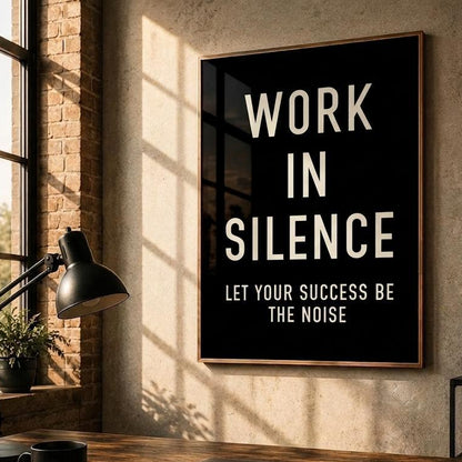 A framed wall art print with the text 'WORK IN SILENCE LET YOUR SUCCESS BE THE NOISE' hangs on a wall in a styled home office setting with a desk, laptop, lamp, and whiteboard.