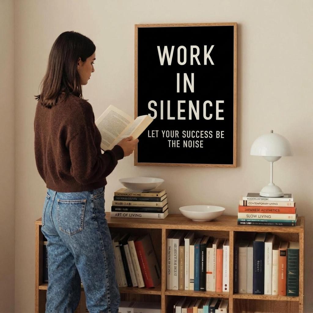 A woman stands in a room reading a book in front of a framed wall sign that reads 'WORK IN SILENCE LET YOUR SUCCESS BE THE NOISE.' The scene includes a bookshelf with books, bowls, and a white lamp.
