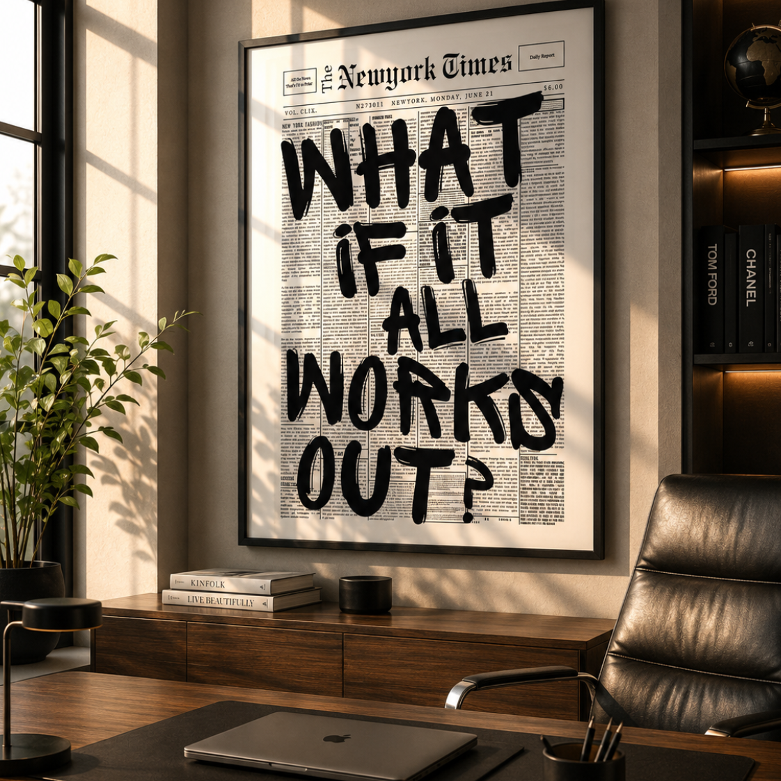 What If It All Works Out Wall Art – Minimalist Motivational Poster with Newspaper Background In an entrepreneur office