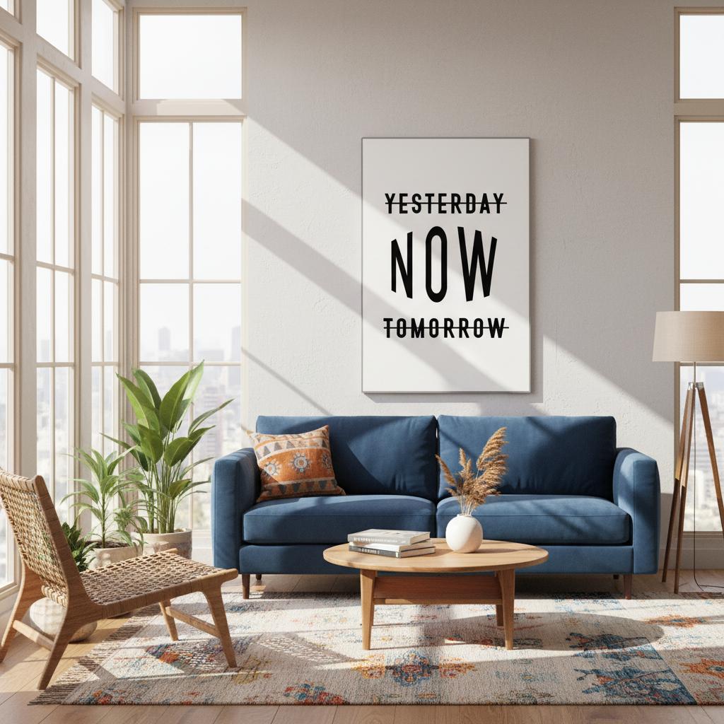 Modern living room with a blue sofa, wooden coffee table, and 'Yesterday Now Tomorrow' artwork.