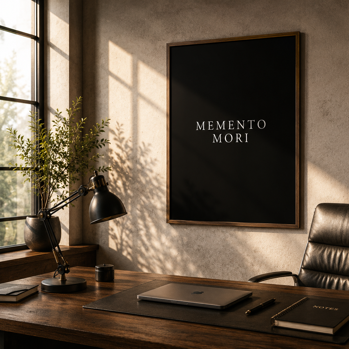 A framed black wall art print with the words 'MEMENTO MORI' in white serif lettering, hanging in a warm, sunlit home office above a wooden desk with a black leather chair.
