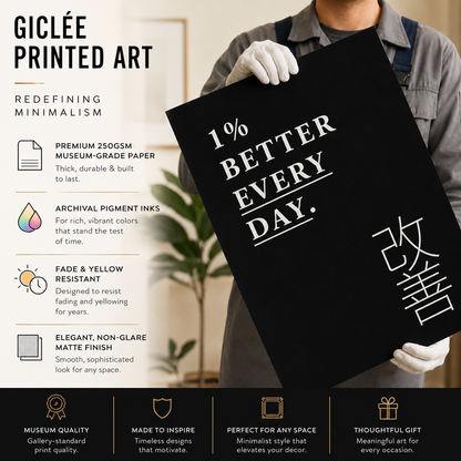 A person in a home setting holds a large black art print featuring the text '1% BETTER EVERY DAY.' in white serif lettering.