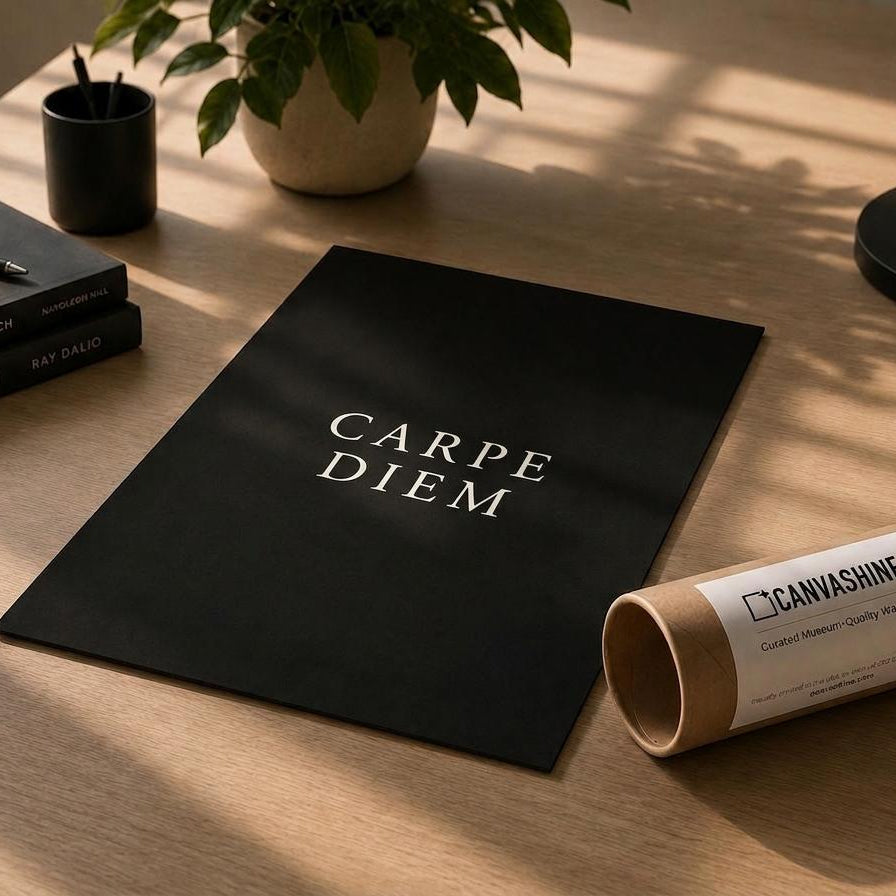 A black rectangular plaque or mat with the words 'CARPE DIEM' in white serif lettering sits on a wooden desk, alongside a branded cardboard tube labeled CANVASHINE. The scene includes a potted plant, books, a pen, and a lamp, with warm natural light casting shadows across the surface.