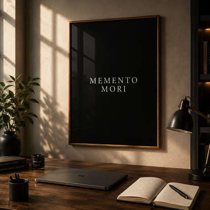 A framed black wall art print with the words 'MEMENTO MORI' in white serif text hangs on a beige wall above a wooden desk in a styled room with a lamp, laptop, books, and plant.