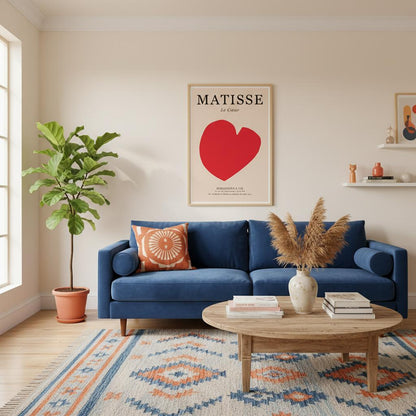 Living room with a blue sofa, wooden coffee table, and Matisse art print.
