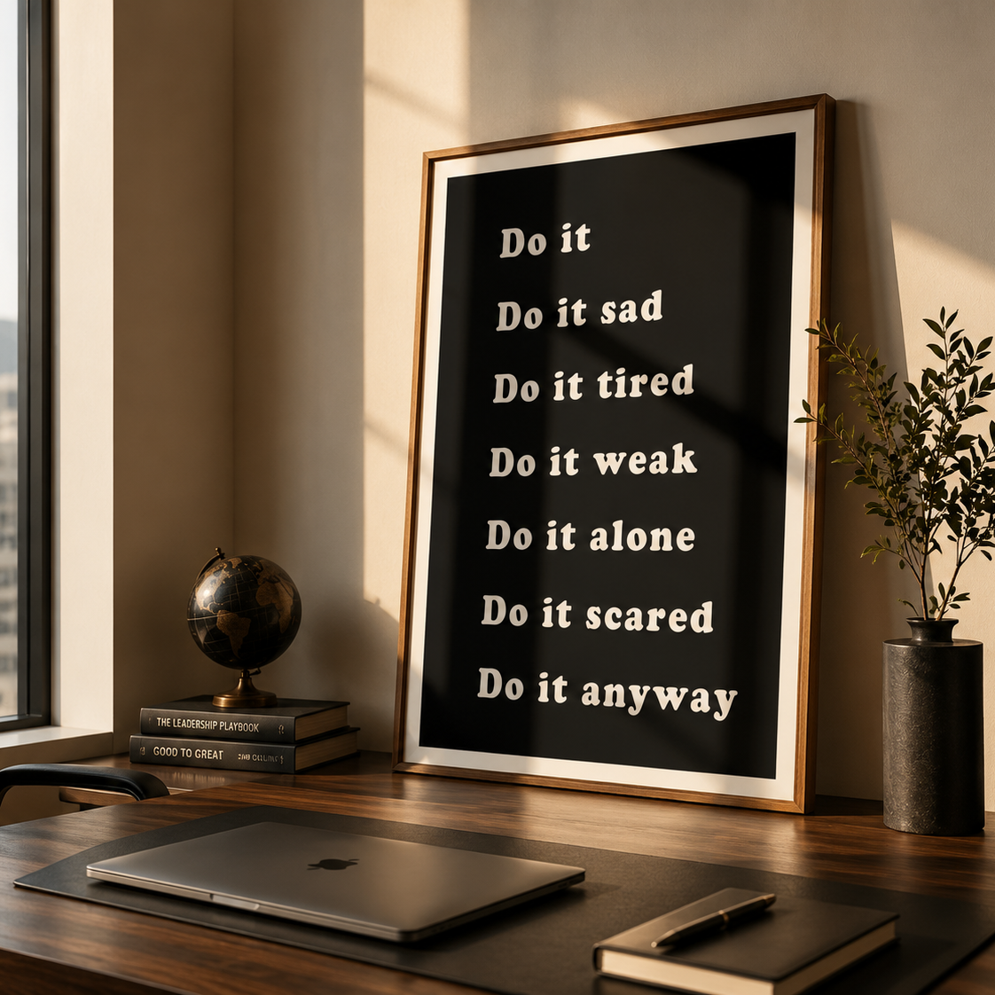 A framed motivational wall art print with white text on a black background, leaning on a wooden desk in a modern office setting with a laptop, books, and a window view.