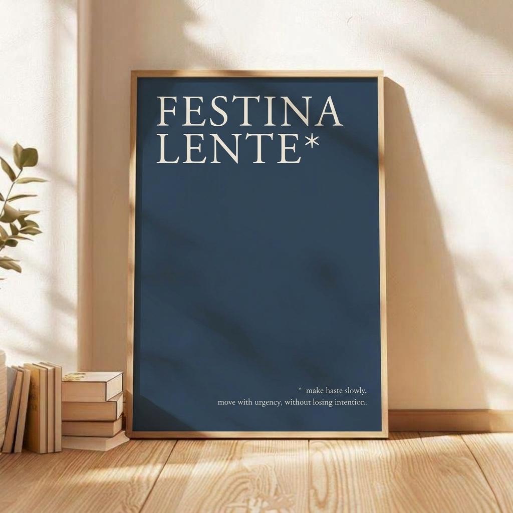 A framed art print with the text 'FESTINA LENTE*' in white on a dark navy background, leaning against a beige wall on a wooden floor next to books and a plant.