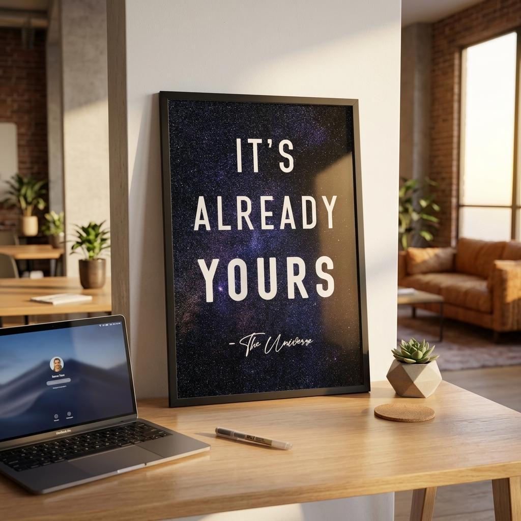 A framed motivational art print with the quote 'IT'S ALREADY YOURS - The Universe' in white text on a dark starry background, displayed on a wooden desk in a modern office setting next to a laptop.
