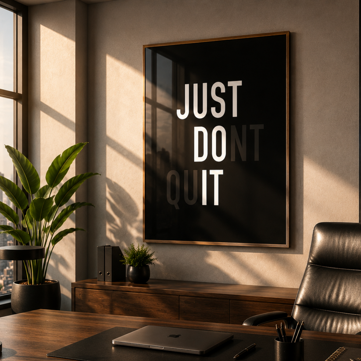 Modern office desk with motivational poster and city view