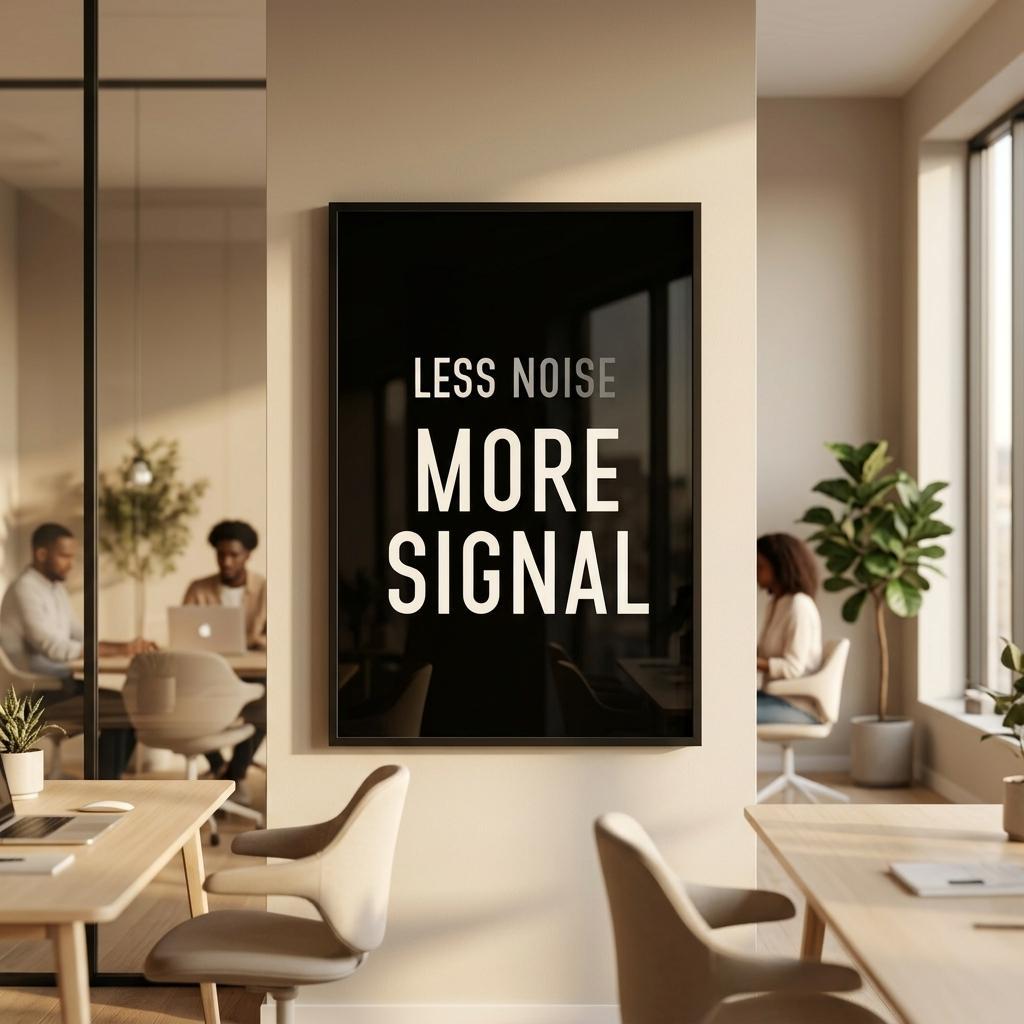 A black framed wall art print with the text 'LESS NOISE MORE SIGNAL' in white, displayed on a beige wall in a modern office workspace